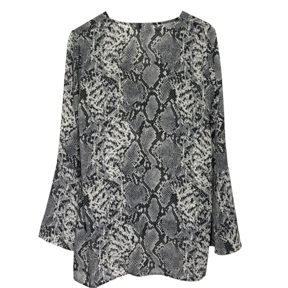 L Love Semi Sheer Snake Print Crossover Blouse Bell Sleeves Office Size Large - Picture 11 of 16